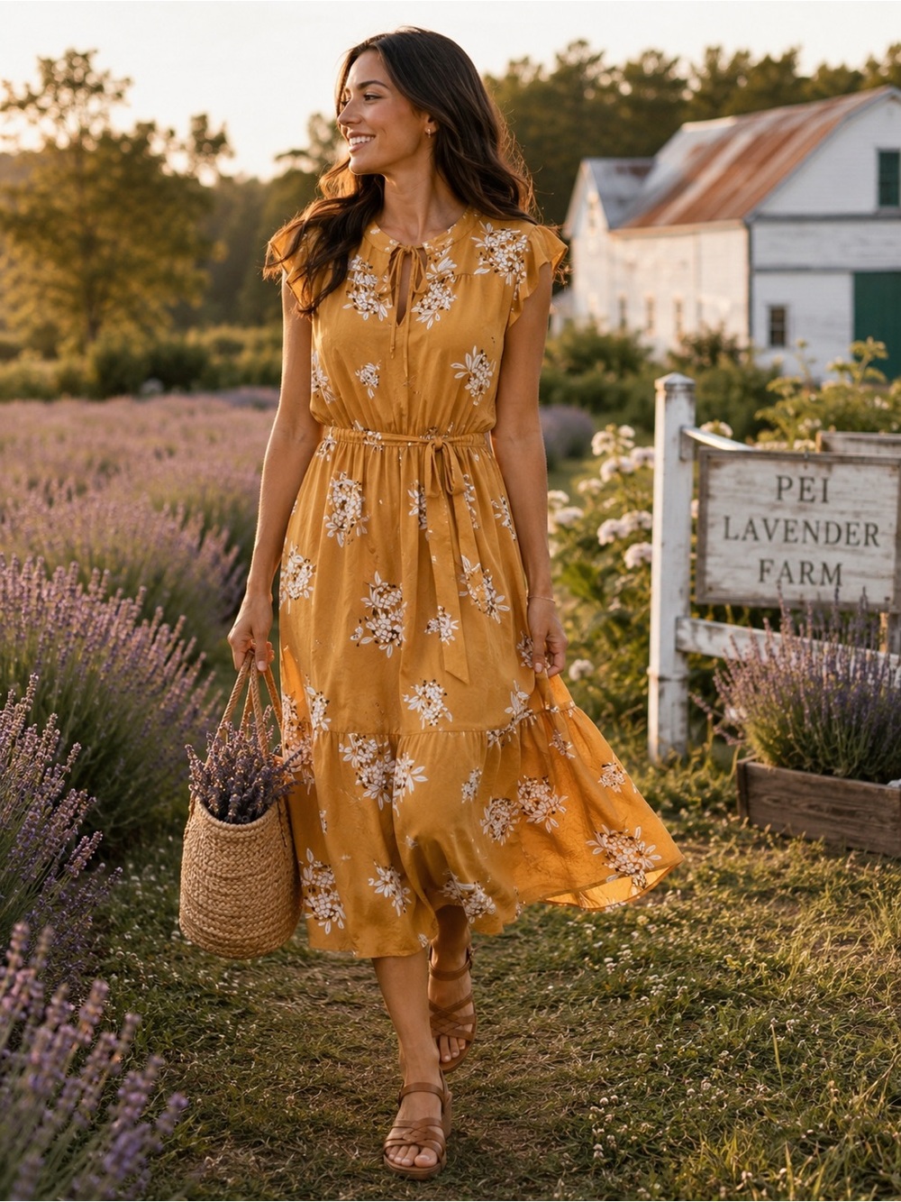 LOFT Marigold Floral Midi Dress Tie Waist Boho Cottagecore Medium
